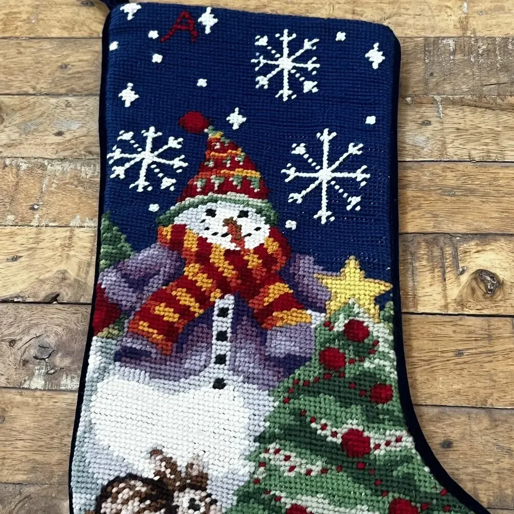 Needlepoint Stocking Velvet Backed Wool Frosty's Winter Wonderland A